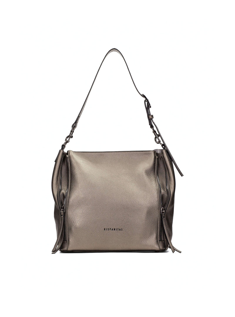 Bolso shopper piel metalizada acero