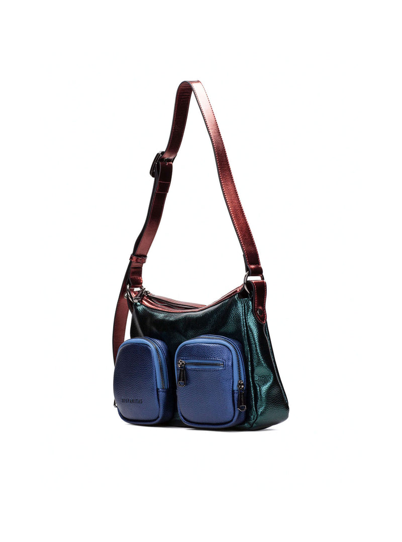 Bolso estilo cargo piel combi azul