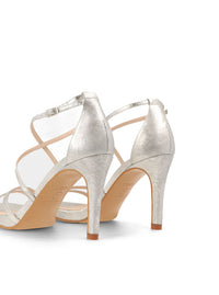 Sandalia tacón cruzada piel metalizada plata