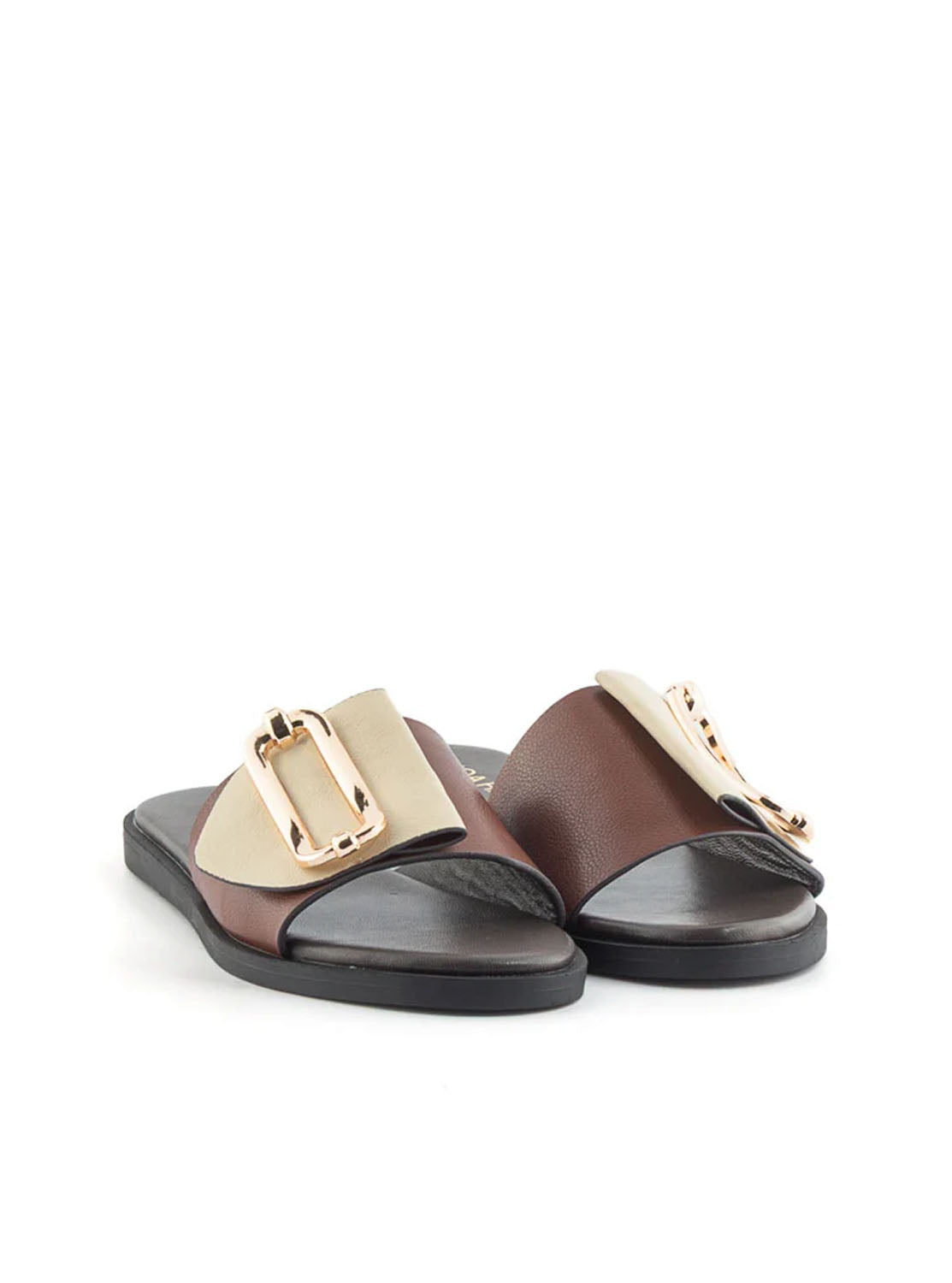 Sandalia pala plana hebilla combi beige