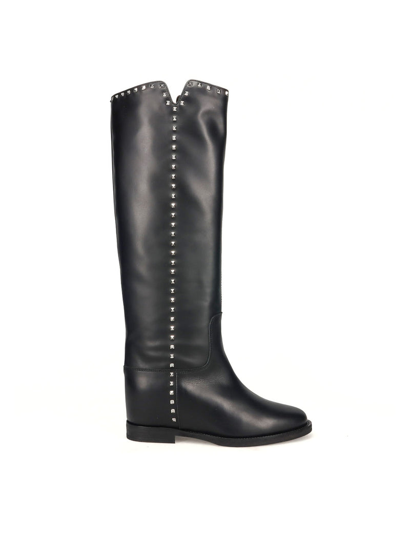 Bota alta tachas cuña interior piel negro