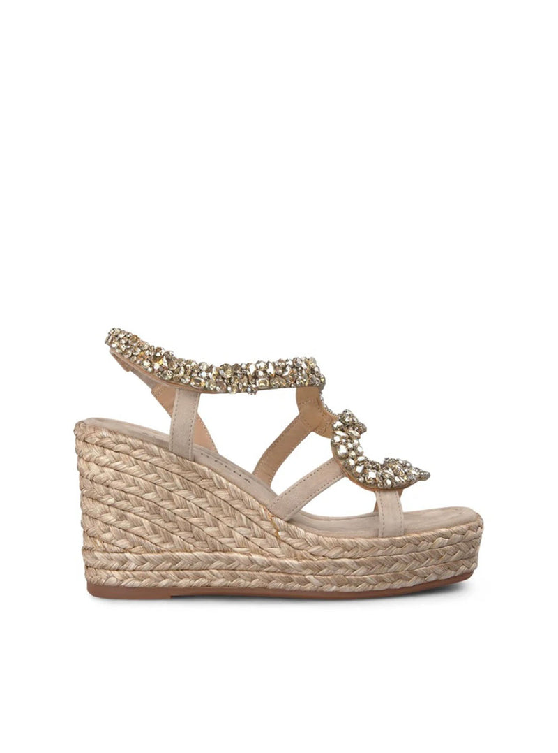 Sandalia cuña pedrería serpiente taupe