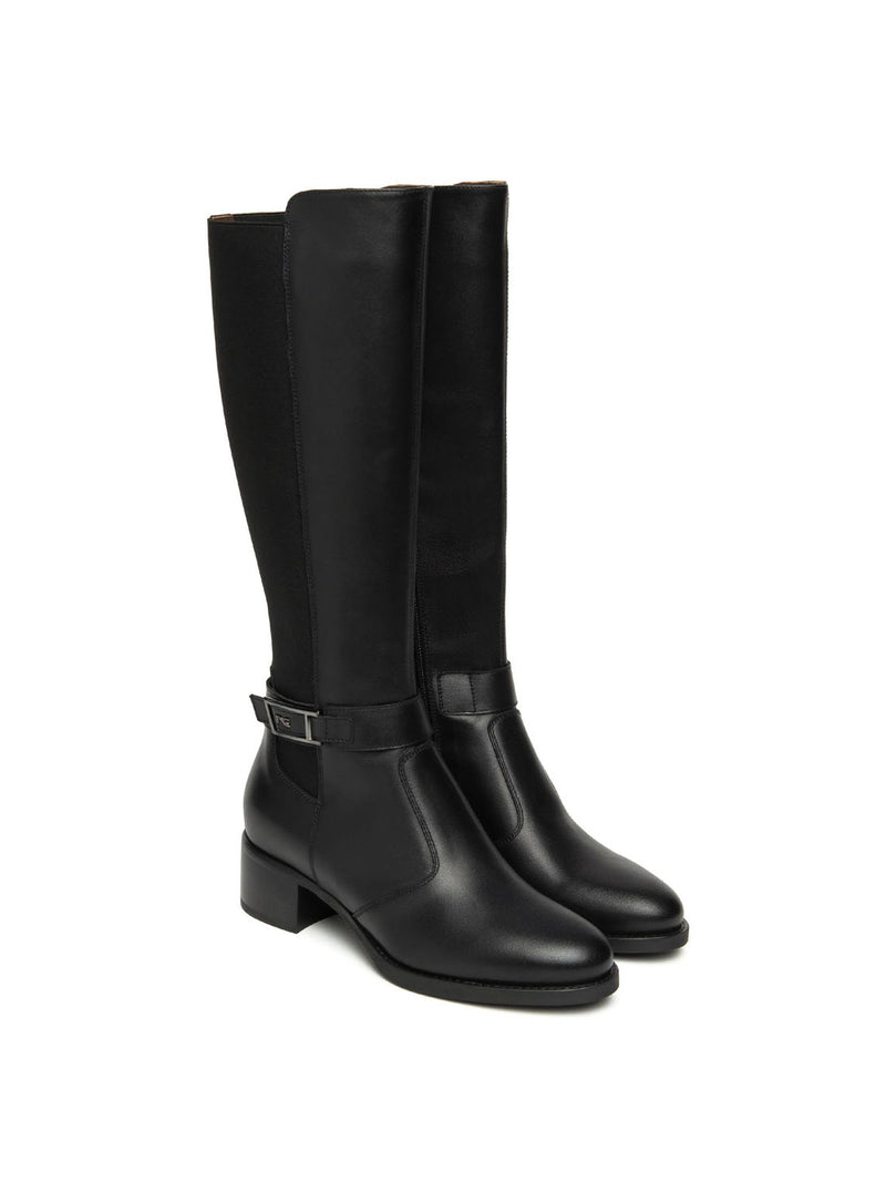 Bota alta elástico piel negro