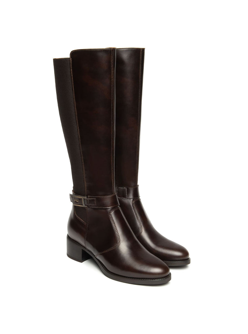 Bota alta elástico piel marrón